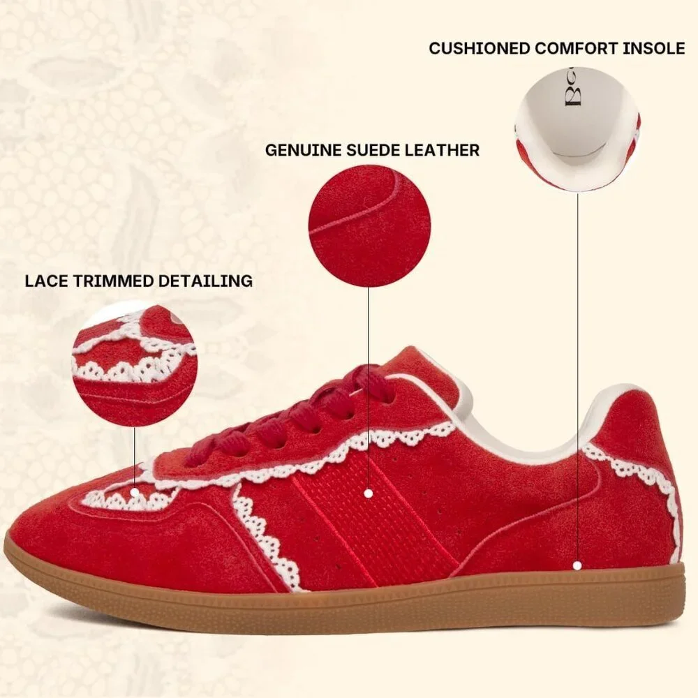 Casual Red Sneakers Women with Lace Detail Ribbon Leather Upper Memory Foam - Picture 2 of 6